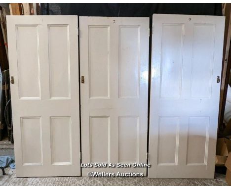 3 painted pine Victorian 4 panel doors. Sizes 75cm x 180cm x 3.5cm. 76cm x 180cm x 3.5cm. 75.5cm x 180cm x 3.5cm 