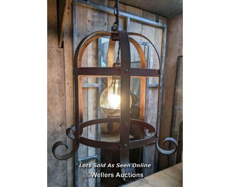 2 wrought iron Victorian braziers, one converted to a light plus a spare.  Approx 46cm W x 46cm H. Not PAT tested. 