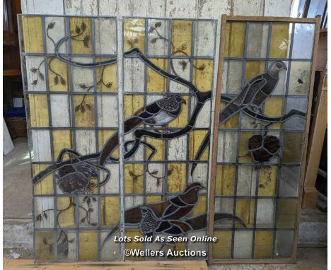 Series of three stained glass panels with handpainted birds of the field. Small areas of damage. Size per panel is 50cm W x 1