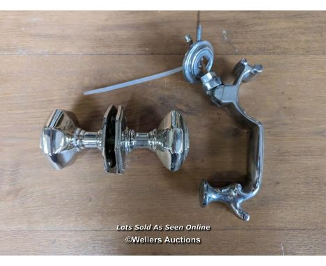 A pair of large nickel door pulls/pair of handles 3 inch across or 7.5cm and a reclaimed chrome door knocker 19cm tall