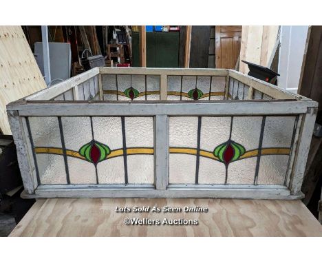 Stained glass roof lantern. Made up of 4 panels with pine frames. 132cm x 48cm. For restoration 
