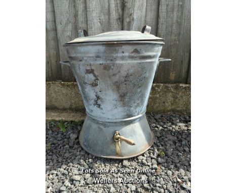 Galvanised washer, hopper or planter with brass tap (not tested) and lid.  52cm high. 48cm across. 