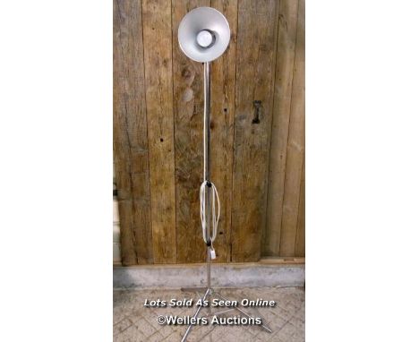 1950's standing lamp. Aluminium. Works but untested. Will need pat testing. Adjustable. 193cm max height. Leg span 70cm 