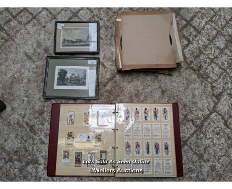 An album of military cigarette cards of uniforms and Regiments of the British Army. Plus 26 Vintage records and 2 period prin