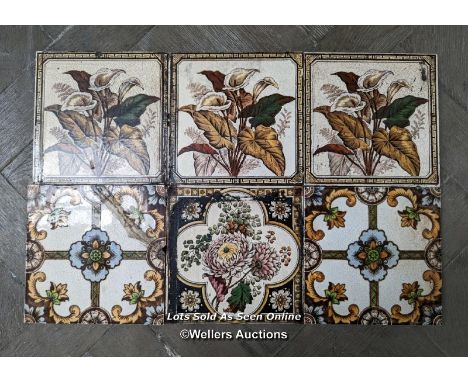 6 assorted Victorian transfer print tiles 6" x 6" 