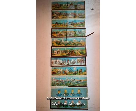 Collection of magic lantern slides, set of 11, depicting Russo-Japanese war of 1904-1905.  German text on slides. 5 x 18cm 