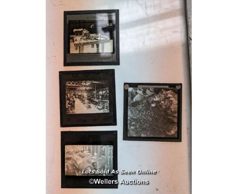 16 magic lantern slides. Mostly black and white. 8.3cm x 8.3cm some cracks to glass 