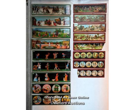 Collection of magic lantern slides, 17 slides, 2 damaged. 5 x 18cm and 5 x 15cm 