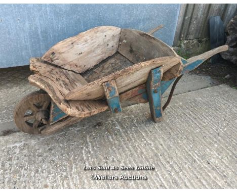 Elm wheelbarrow for restoration, planter or decoration. Later wheel unattached 