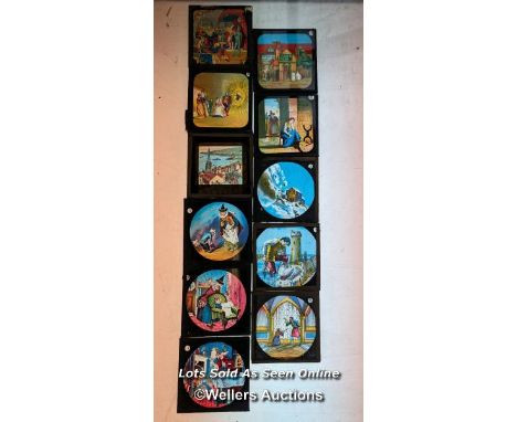 11 magic lantern slides, fairy tale themed. 8cm x 8cm 