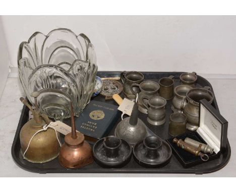 A selection of collectors' items, including: a pressed glass vase or planter, raised on four feet; a selection of pewter tank