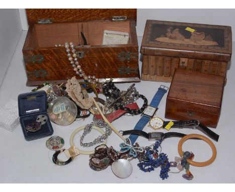 A collection of vintage costume jewellery and watches contained within 19th Century wooden boxes, including an oak tea caddy 