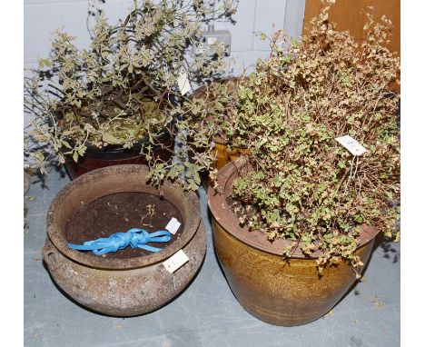 A near pair of stoneware garden planters, each with garden motif decoration to the body, 51cms diameter; together with a terr