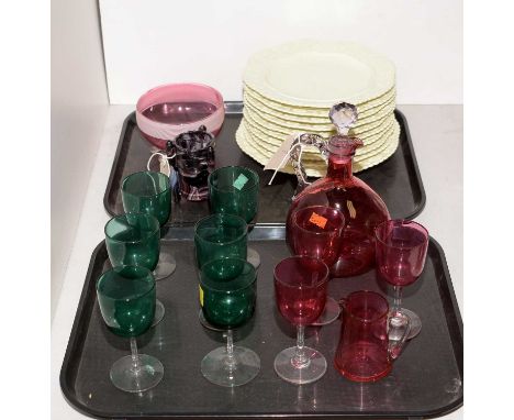 A selection of Victorian and later glassware, including: a cranberry and clear glass decanter bottle and stopper; three cranb