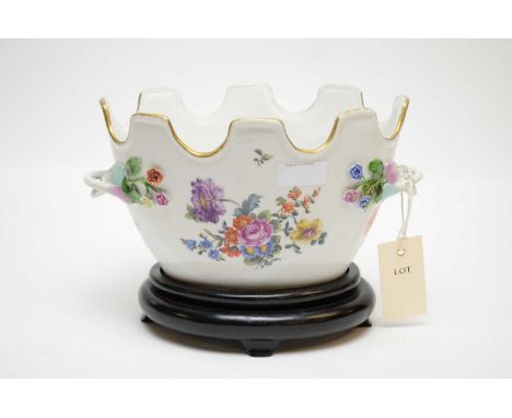 A Dresden Monteith twin-handled planter, in the Meissen style, painted and encrusted with floral bouquets, with gilt border, 