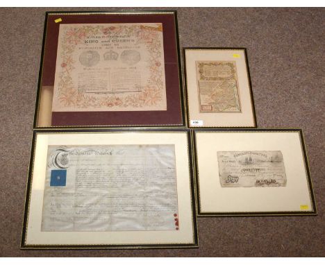 Framed Newcastle-related ephemera and maps, including: souvenir tissue in commemoration of 'The King and Queen's Visit to Gat