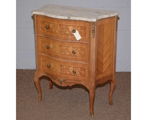 A reproduction marble topped kingwood and beech miniature commode, with serpentine variegated marble top, floral marquetry in