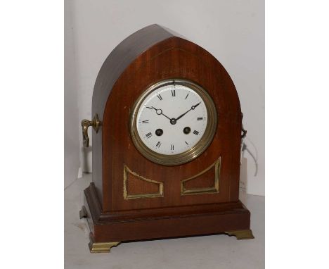 A 19th Century French brass inlaid rosewood lancet clock, raised on four brass bracket feet, the movement with impressed 'Med