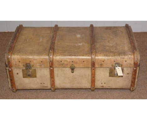 A vintage leather clothe travel trunk, by Mawson, Swan & Morgan, Newcastle-on-Tyne, stencilled with initials 'E.M.F.', 93 x 5