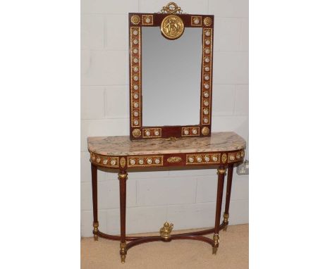 A reproduction Italian style marble topped mahogany console table, the frieze applied with floral Limoges style bosses within