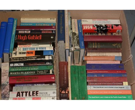 A selection of hardback and paperback books, including: Novels, History, Book Lovers Guide, and others, in two boxes.