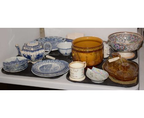 A selection of blue and white ceramics, including: a Victorian blue and white Auld Lang Syne hexagonal teapot; a Booths Briti