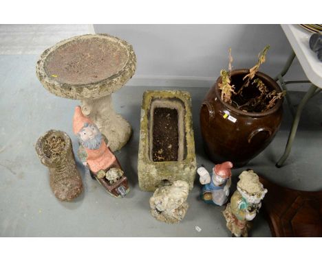 A selection of stone composite and other garden ornaments, including: stone composite garden bird bath; stone composite troug
