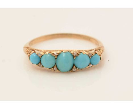 A five stone turquoise ring, with rose-cut diamond spacers, on a yellow gold shank, tests at 18-22ct gold, ring size K, 2.1g 