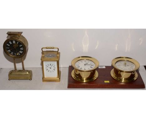 A brass carriage clock, by F.M. &amp; Co.; another by Shortland Bowen; and another.