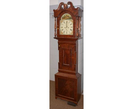 A Victorian mahogany longcase clock, with broken arch pediment, arched painted dial, decorated with a church and figures, flo