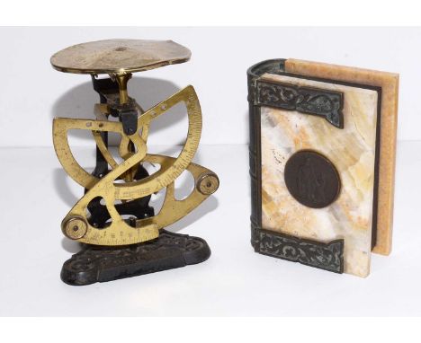 A set of early 20th Century Columbus brass and cast metal scales, 19cms high; together with an onyx and cast metal trinket bo