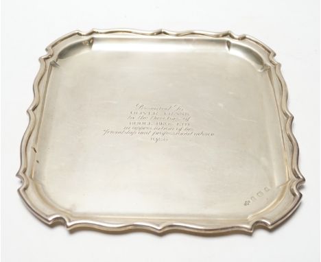 A  George V silver shaped square presentation salver, with later engraved inscription, A.E. Poston &amp; Co Ltd, Birmingham, 