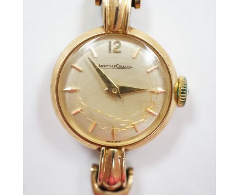 A lady's 9ct gold Jaeger LeCoultre manual wind wrist watch, on an associated 9ct gold bracelet, overall 16.8cm, gross weight 