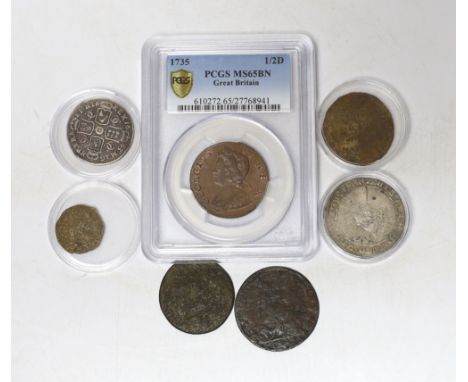 Seven coins including; a Charles II 1663 shilling, an Edward VI silver shilling, a George II 1735 half penny (PCGS graded MS6