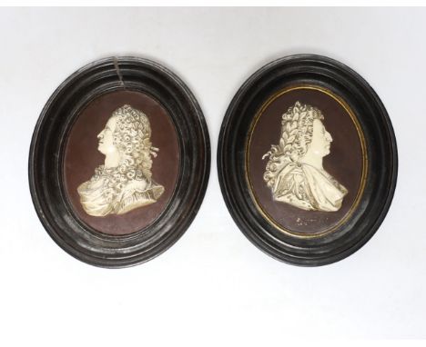 After Isaac Gosset, a pair of oval cream glazed terracotta portrait plaques of George II and George III?, 10cm high not inclu
