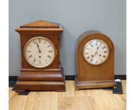 Two early 20th century mantel clocks; a mahogany timepiece and an inlaid Edwardian clock with engine turned face, striking on