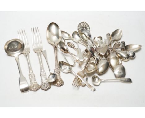 Sundry silver cutlery, including a pair of Victorian Kings pattern table forks and a matching tablespoon, London, 1845, a Wil