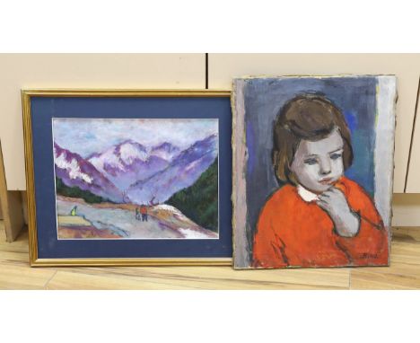 Akos Biro (Hungarian, 1911-2002), two oils on canvas, Mountainous landscape and Portrait of a child, one signed A Bino, large