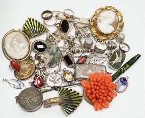 A quantity of assorted mixed silver, jewellery and other items including a sterling and enamel drop pendant, coral, silver br