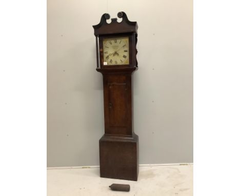 An early 19th century oak thirty hour longcase clock marked James Hughes, Swindon, height 191cm