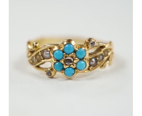 A late Victorian yellow meal, turquoise, rose cut diamond and seed pearl cluster set dress ring, size M, gross weight 3.4 gra