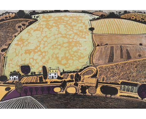 Graham Clarke (b.1947), colour blockprint, 'Big Field', 56 x 77cm, unframed