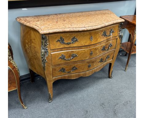 A Louis XV style gilt metal mounted marquetry inlaid marble topped bombe commode, width 118cm, depth 51cm, height 88cm