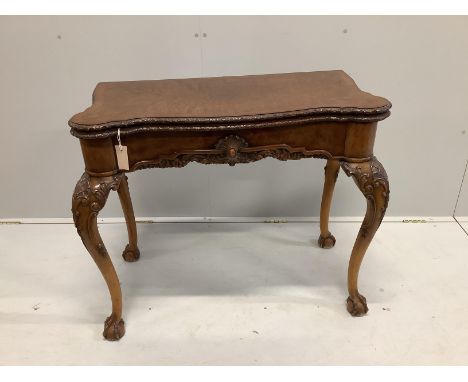 An early 20th century Chippendale Revival burr walnut folding card table, width 92cm, depth 48cm, height 78cm