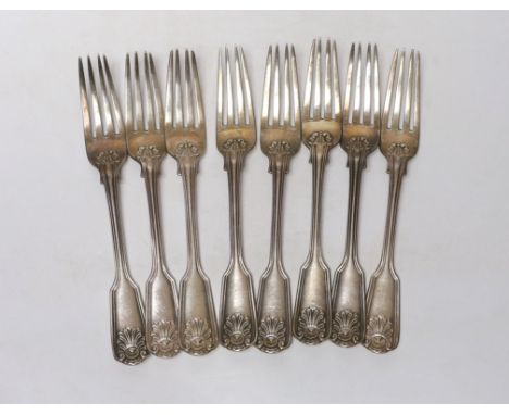 A set of eight Victorian silver fiddle, thread and shell pattern table forks, by George Adams, London, 1859, 20.3cm, 25.8oz.