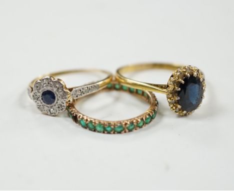 A 1920's 18ct and plat, sapphire and diamond set flower head cluster ring, size L, a 1960's 18ct gold sapphire and diamond se