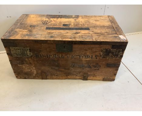 A Victorian iron bound pine trunk, Bishop of Victoria, made by SW Silver &amp; Co, Cornhill, London, width 103cm, depth 55cm,