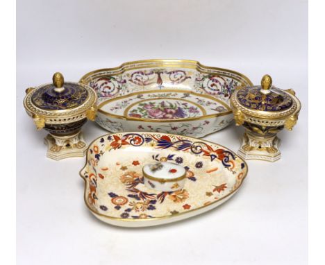 A pair of 19th century Derby pot pourri, a Wedgwood Imari dish, an early 19th century Paris porcelain dish and a Limoges trin