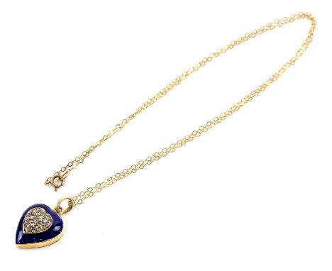 Diamond and enamel heart pendant/locket, rose cut diamonds set to the centre with a surround of blue enamel, mounted in gold 