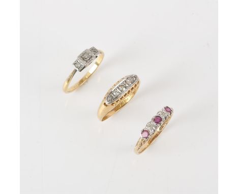 Three rings, two Art Deco diamond rings, one set with three old cut diamonds, the other set with five graduated single cut di